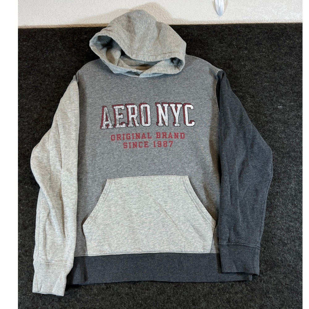 Aeropostale Aero NYC Graphic Fleece Hoodie Sweatshirt Mens Large Gray Colorblock